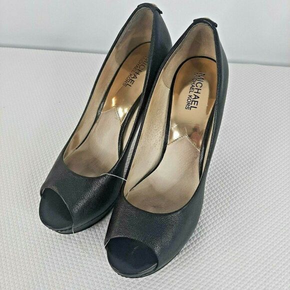 MICHAEL KORS York Platform Black Silver Heel Peep Toe Pump Size 8 Shoes - Picture 1 of 9